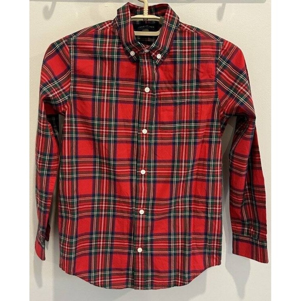 Janie And Jack Red Holiday Plaid Boys Long Sleeve Button Up Shirt Size 8 Cotton
